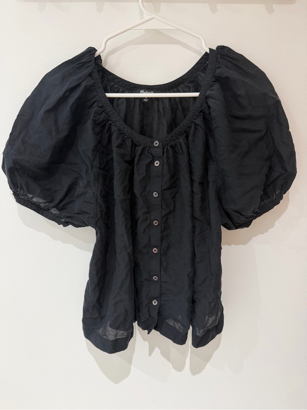 Madewell Black Puff-Sleeve Button-Front Blouse